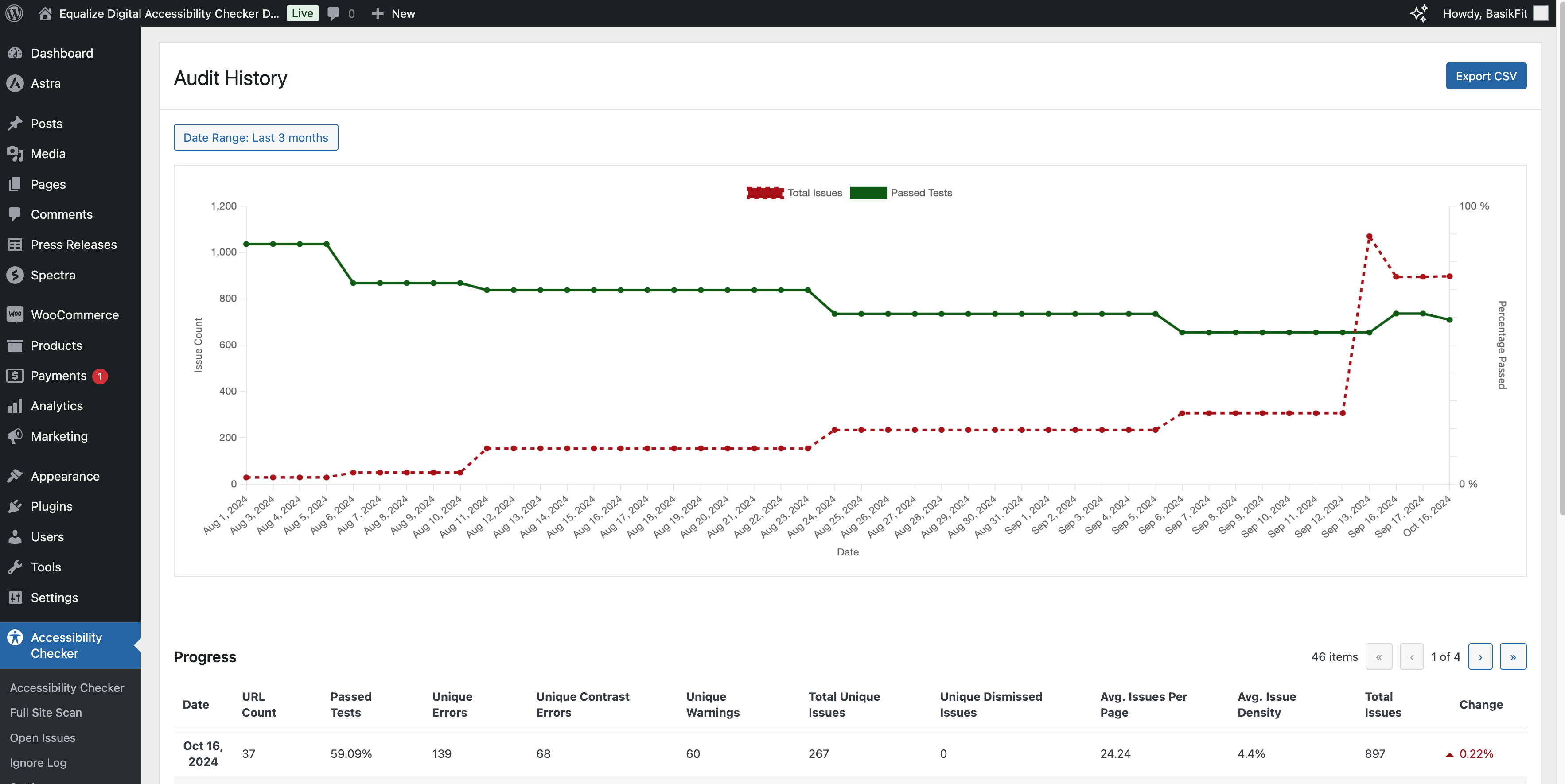 The Audit History page has a line graph at the top above a table showing key metrics from the site.